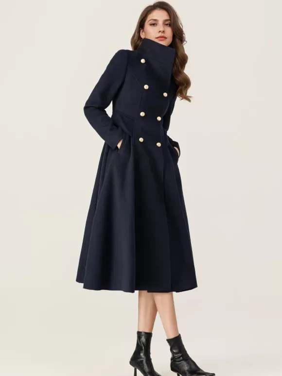 Woolen Flared Coat For Woman Stand Collar Dark Navy Vintage Double-breasted Winter Midi Outerwear 2026