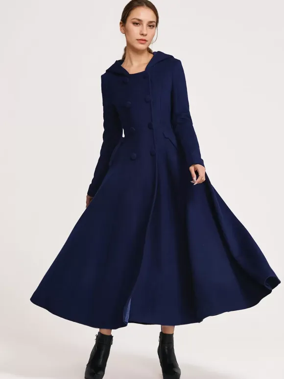 Woolen Flared Coat With Hood Dark Navy Double-breasted Elegant A-line Winter Long Outerwear For Women 2026