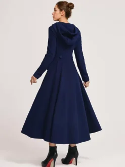 Woolen Flared Coat With Hood Dark Navy Double-breasted Elegant A-line Winter Long Outerwear For Women 2026