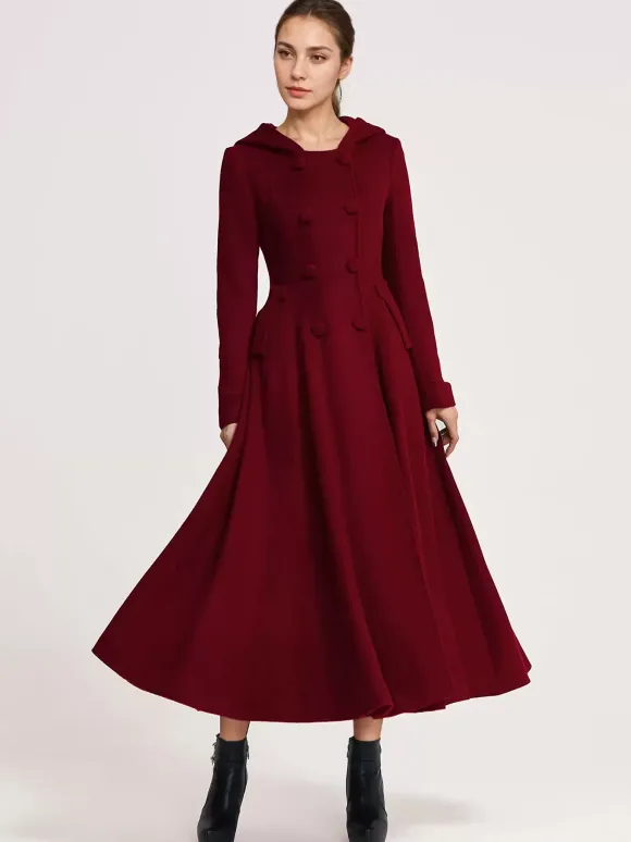 Woolen Flared Coat With Hood Dark Navy Double-breasted Elegant A-line Winter Long Outerwear For Women 2026