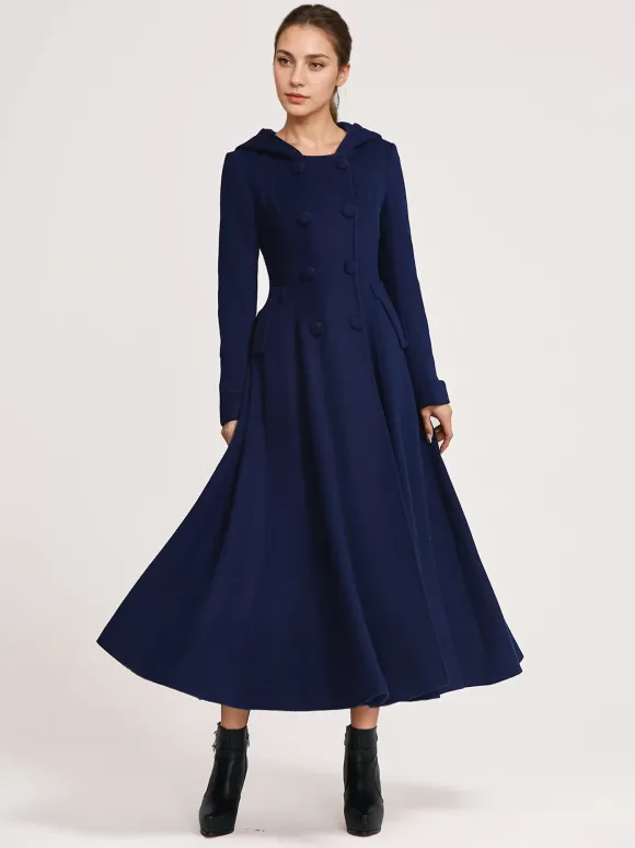 Woolen Flared Coat With Hood Dark Navy Double-breasted Elegant A-line Winter Long Outerwear For Women 2026