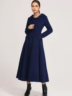 Woolen Flared Coat With Hood Dark Navy Double-breasted Elegant A-line Winter Long Outerwear For Women 2026