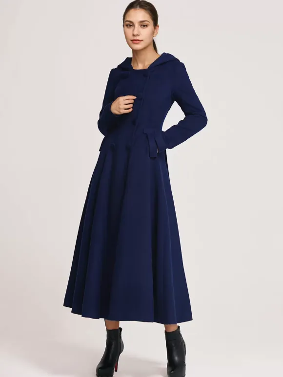 Woolen Flared Coat With Hood Dark Navy Double-breasted Elegant A-line Winter Long Outerwear For Women 2026
