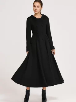 Woolen Flared Coat With Hood Dark Navy Double-breasted Elegant A-line Winter Long Outerwear For Women 2026