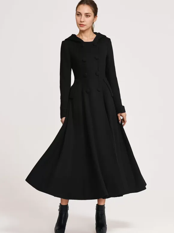 Woolen Flared Coat With Hood Dark Navy Double-breasted Elegant A-line Winter Long Outerwear For Women 2026