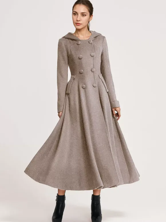 Woolen Flared Coat With Hood Dark Navy Double-breasted Elegant A-line Winter Long Outerwear For Women 2026