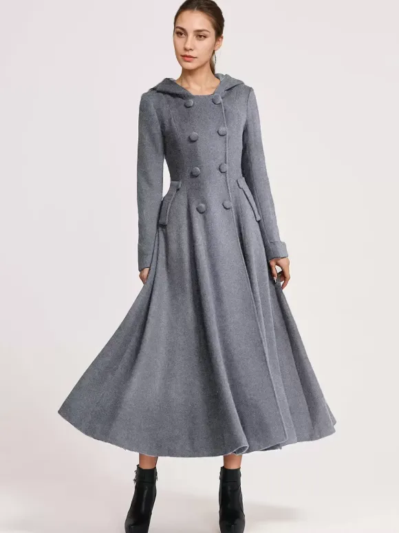 Woolen Flared Coat With Hood Dark Navy Double-breasted Elegant A-line Winter Long Outerwear For Women 2026