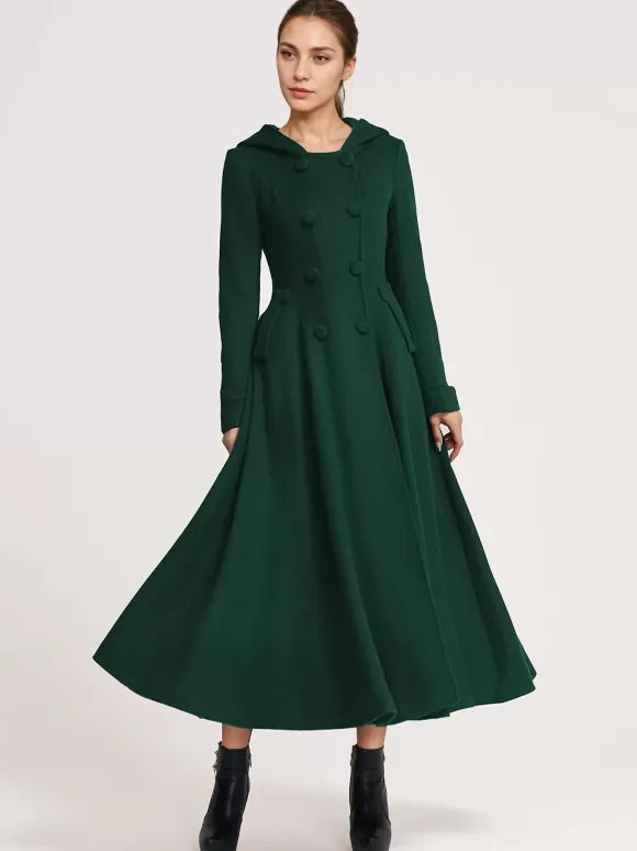 Woolen Flared Coat With Hood Dark Navy Double-breasted Elegant A-line Winter Long Outerwear For Women 2026