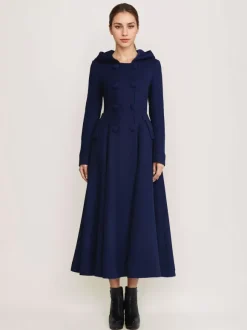 Woolen Flared Coat With Hood Dark Navy Double-breasted Elegant A-line Winter Long Outerwear For Women 2026