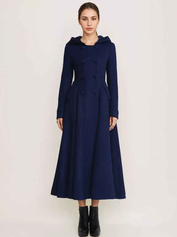 Woolen Flared Coat With Hood Dark Navy Double-breasted Elegant A-line Winter Long Outerwear For Women 2026