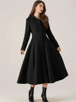 Woolen Flared Coat With Hood For Woman Red A-line Long Winter Outerwear 2026