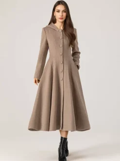 Woolen Flared Coat With Hood For Woman Red A-line Long Winter Outerwear 2026