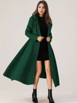 Woolen Flared Coat With Hood For Woman Red A-line Long Winter Outerwear 2026