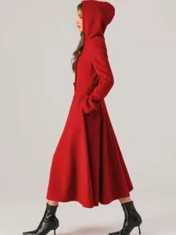 Woolen Flared Coat With Hood For Woman Red A-line Long Winter Outerwear 2026