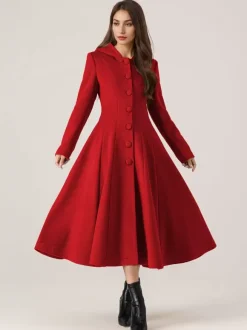 Woolen Flared Coat With Hood For Woman Red A-line Long Winter Outerwear 2026