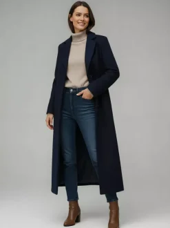 Woolen Long Straight Coat With Single-Breasted And Classic Notch Lapel For Women 2026