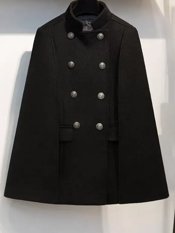 Woolen Poncho Coat Stand Collar Double Breasted Women Cape Outerwear