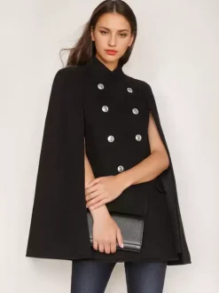 Woolen Poncho Coat Stand Collar Double Breasted Women Cape Outerwear