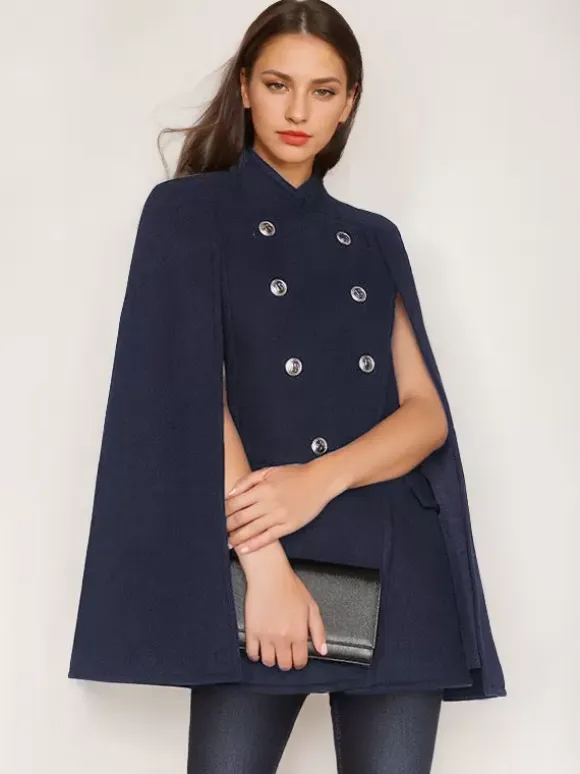 Woolen Poncho Coat Stand Collar Double Breasted Women Cape Outerwear