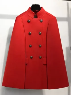 Woolen Poncho Coat Stand Collar Double Breasted Women Cape Outerwear