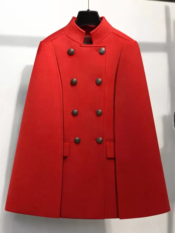 Woolen Poncho Coat Stand Collar Double Breasted Women Cape Outerwear