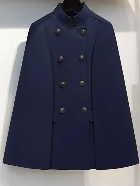Woolen Poncho Coat Stand Collar Double Breasted Women Cape Outerwear