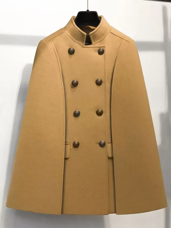 Woolen Poncho Coat Stand Collar Double Breasted Women Cape Outerwear