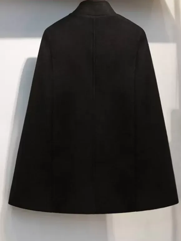Woolen Poncho Coat Stand Collar Double Breasted Women Cape Outerwear