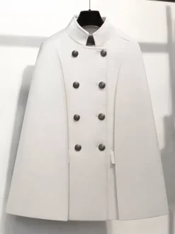 Woolen Poncho Coat Stand Collar Double Breasted Women Cape Outerwear