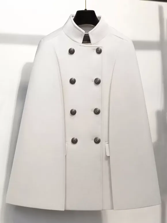 Woolen Poncho Coat Stand Collar Double Breasted Women Cape Outerwear
