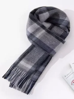 100% Wool Scarf For Men Classic Plaid With Tassels