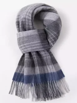 100% Wool Scarf For Men Classic Plaid With Tassels