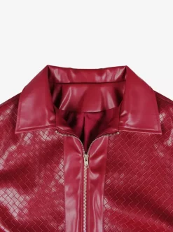 Woven Pattern Faux Leather Bomber For Women - Textured Zip Up Cropped Jacket - Spring Biker Streetwear 2026