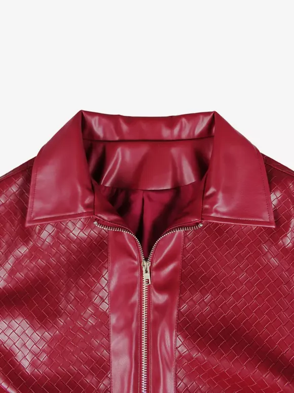 Woven Pattern Faux Leather Bomber For Women - Textured Zip Up Cropped Jacket - Spring Biker Streetwear 2026