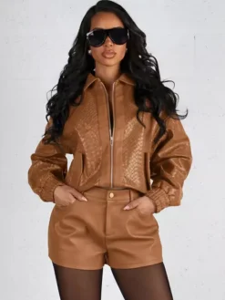 Woven Pattern Faux Leather Bomber For Women - Textured Zip Up Cropped Jacket - Spring Biker Streetwear 2026