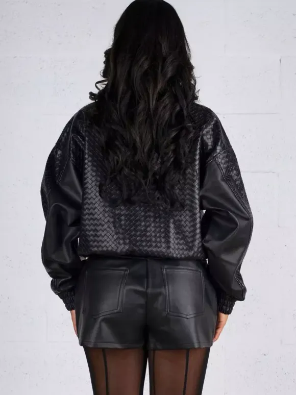Woven Pattern Faux Leather Bomber For Women - Textured Zip Up Cropped Jacket - Spring Biker Streetwear 2026