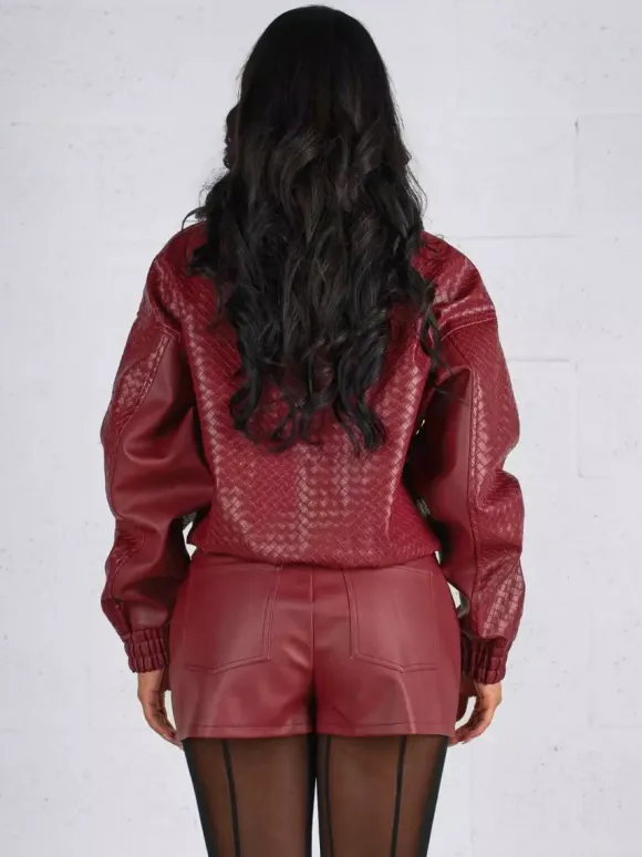 Woven Pattern Faux Leather Bomber For Women - Textured Zip Up Cropped Jacket - Spring Biker Streetwear 2026
