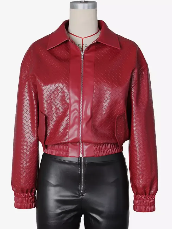 Woven Pattern Faux Leather Bomber For Women - Textured Zip Up Cropped Jacket - Spring Biker Streetwear 2026