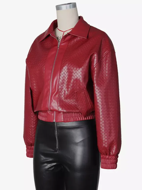 Woven Pattern Faux Leather Bomber For Women - Textured Zip Up Cropped Jacket - Spring Biker Streetwear 2026