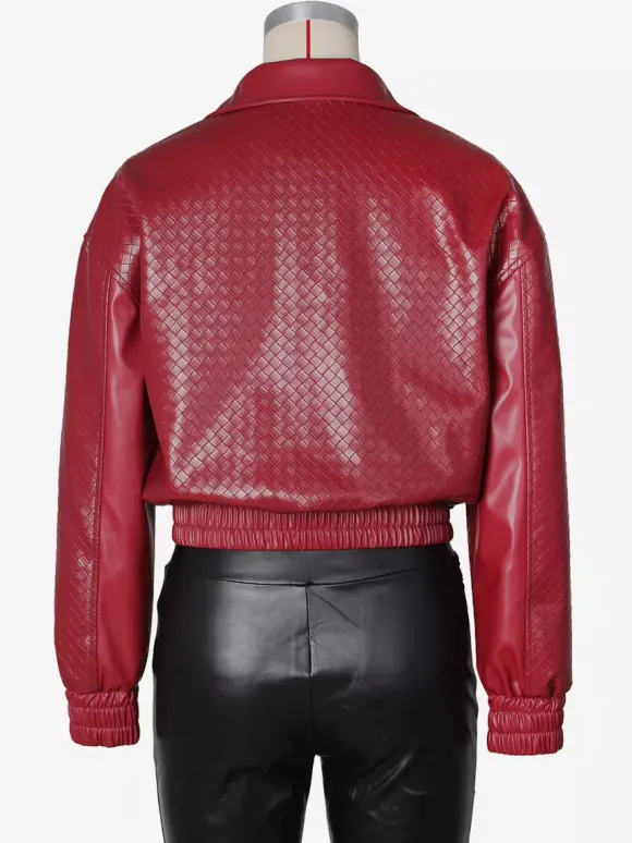 Woven Pattern Faux Leather Bomber For Women - Textured Zip Up Cropped Jacket - Spring Biker Streetwear 2026