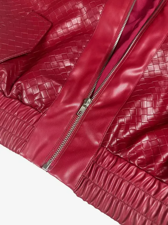 Woven Pattern Faux Leather Bomber For Women - Textured Zip Up Cropped Jacket - Spring Biker Streetwear 2026