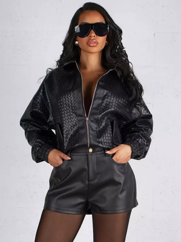 Woven Pattern Faux Leather Bomber For Women - Textured Zip Up Cropped Jacket - Spring Biker Streetwear 2026