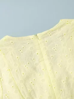 Yellow Eyelet Mini Dress With V-Neck And Puff Sleeves For Summer 2026