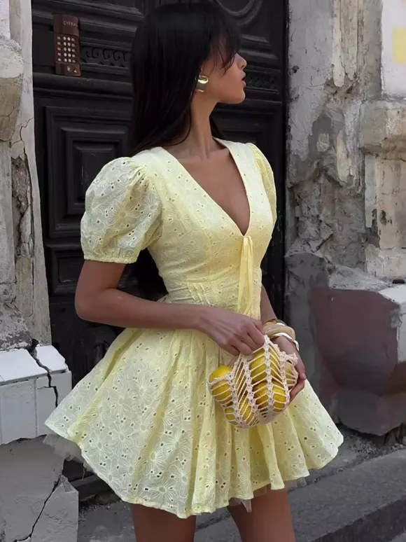 Yellow Eyelet Mini Dress With V-Neck And Puff Sleeves For Summer 2026