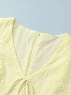 Yellow Eyelet Mini Dress With V-Neck And Puff Sleeves For Summer 2026