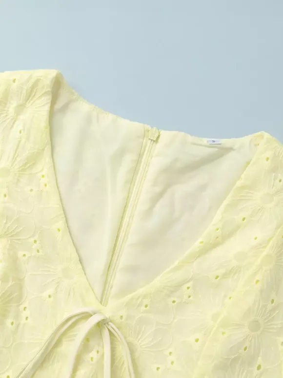 Yellow Eyelet Mini Dress With V-Neck And Puff Sleeves For Summer 2026