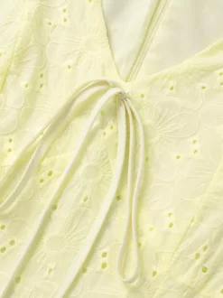 Yellow Eyelet Mini Dress With V-Neck And Puff Sleeves For Summer 2026