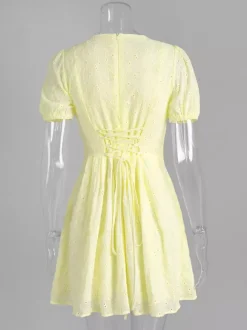 Yellow Eyelet Mini Dress With V-Neck And Puff Sleeves For Summer 2026