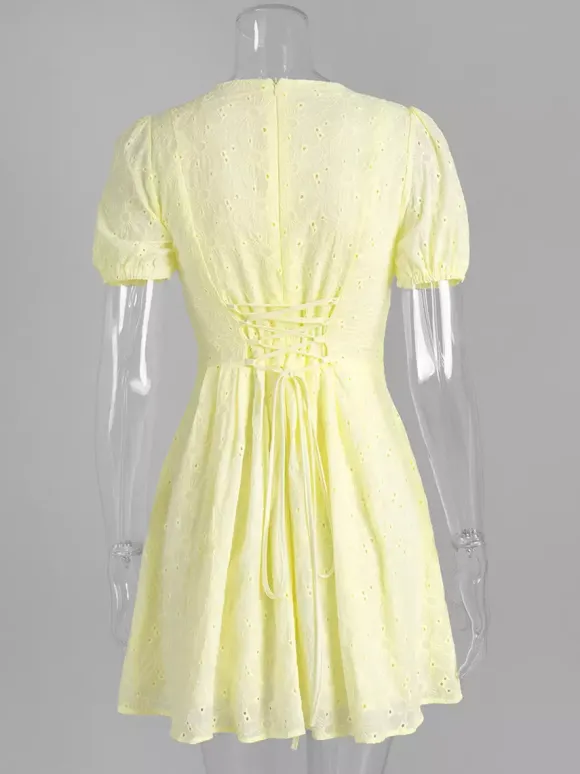 Yellow Eyelet Mini Dress With V-Neck And Puff Sleeves For Summer 2026