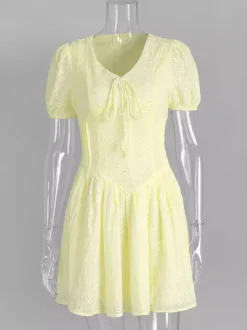 Yellow Eyelet Mini Dress With V-Neck And Puff Sleeves For Summer 2026
